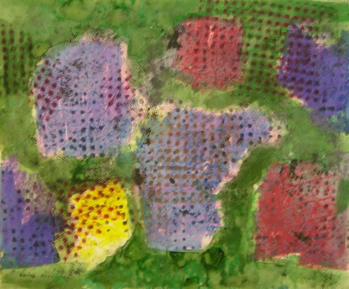 Endre Nemeš: Známky jara, akryl, tempera, karton, rok 1960, signováno LD, 37x44,5 cm 